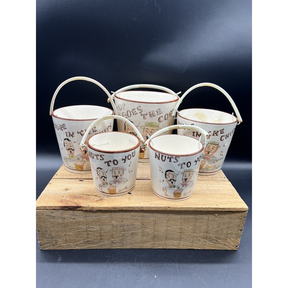 Vintage TILSO Popcorn, Chips, Nuts Barber Shop and Dancing Girls Snack Buckets